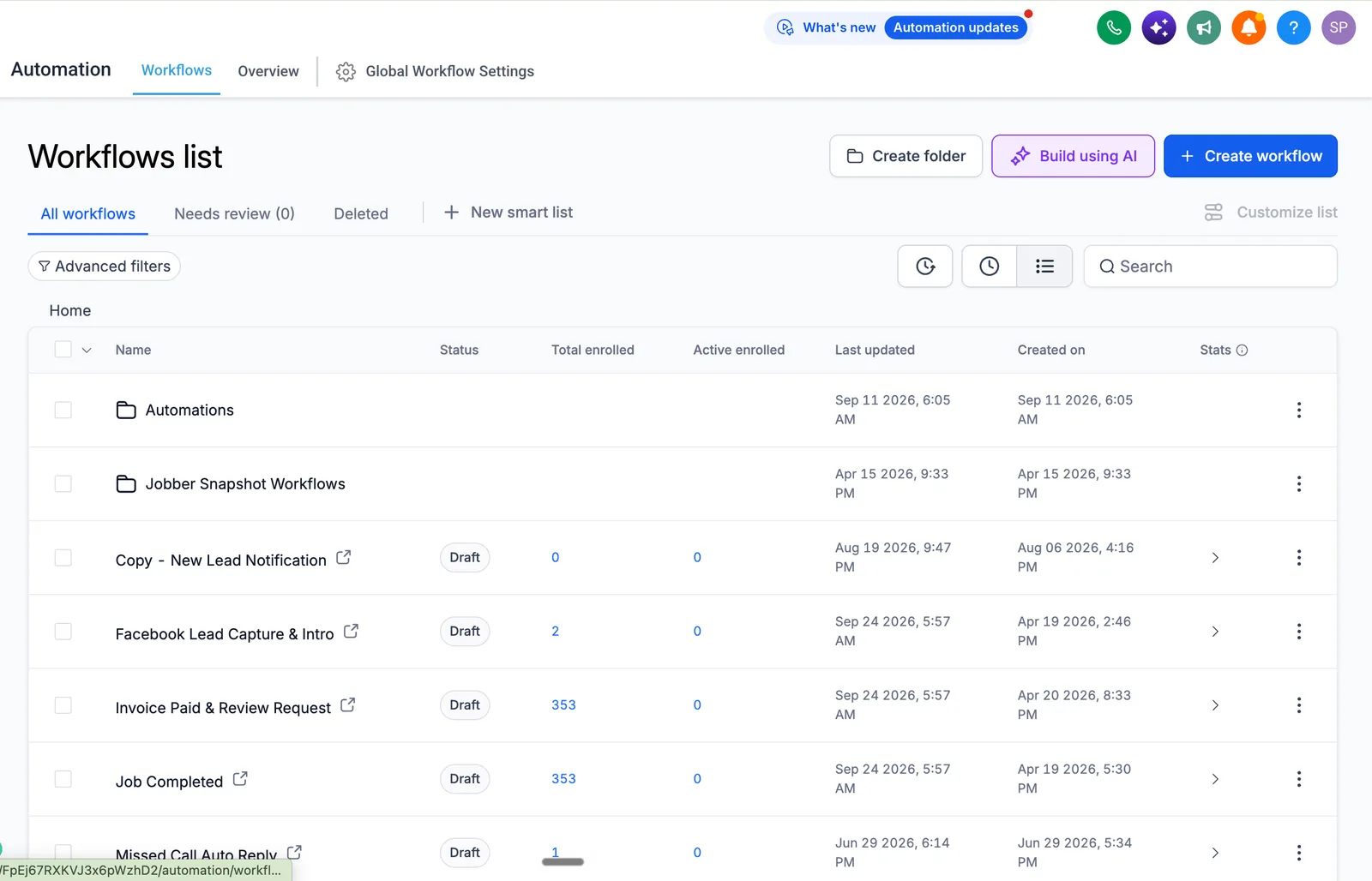 GoHighLevel Automation, Workflows list with workflows named by their job and enrolment counts