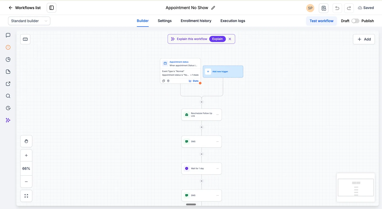 GoHighLevel workflow builder showing the Appointment No Show workflow with Builder, Settings, Enrollment history and Execution logs tabs and a Test workflow button