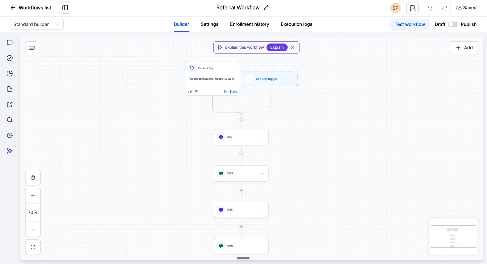 GoHighLevel Referral Workflow in the builder: contact tag trigger, wait, SMS, wait, SMS