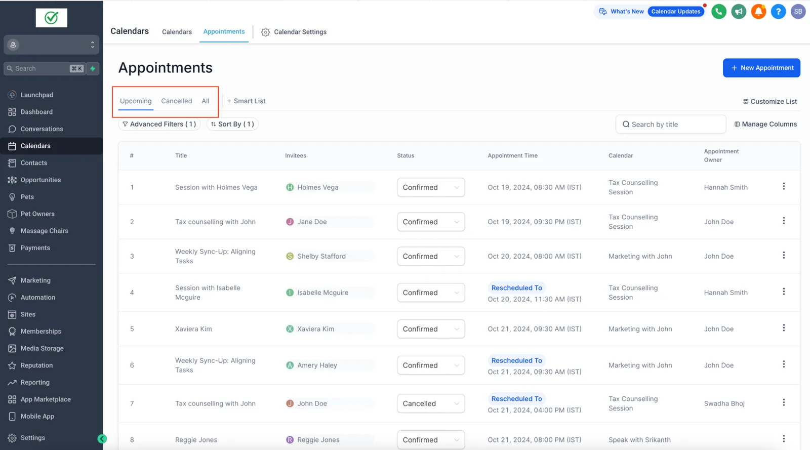 GoHighLevel Calendars, Appointments list with status, time, calendar and owner columns