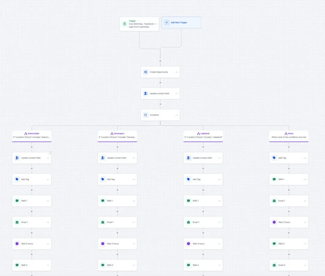 GoHighLevel workflow for Facebook ad leads branching by location into SMS and email sequences