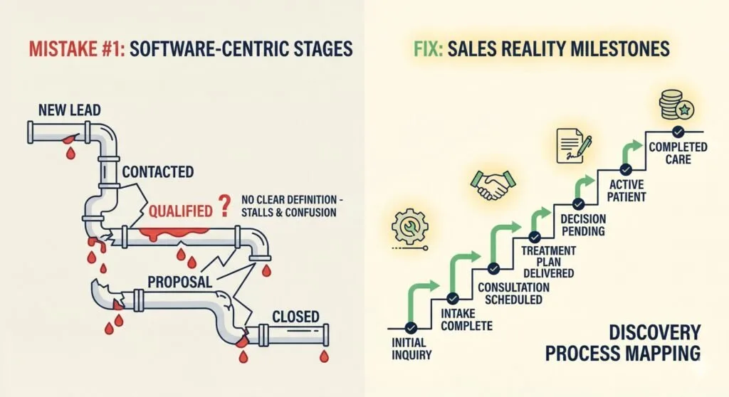 Comparison of broken software-centric sales pipeline and structured sales milestones discovery process mapping