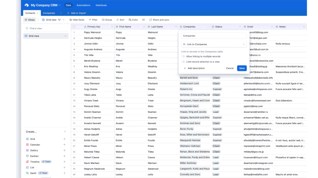 Airtable CRM dashboard displaying contacts linked to company records with lead status, email fields, and structured data for automation and workflow management.