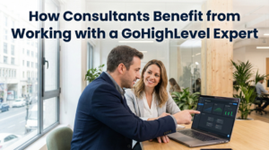 Consultants reviewing GoHighLevel dashboard with an automation expert to improve CRM workflows and business performance