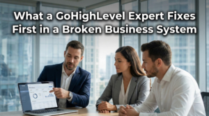 GoHighLevel expert reviewing CRM dashboard with business owners to fix broken sales systems and automation workflows