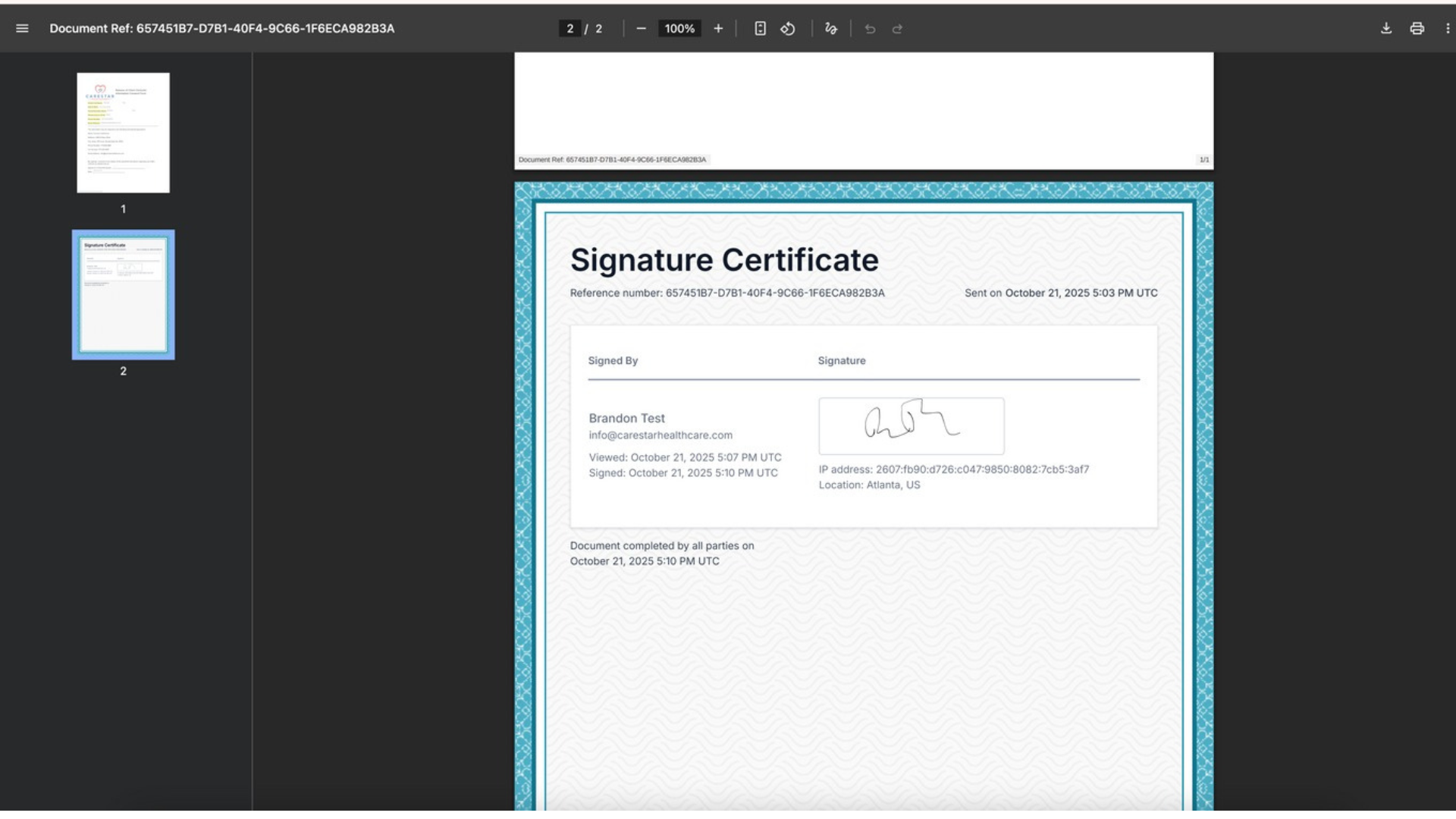 CareStar Healthcare document e-signing certificate in GoHighLevel