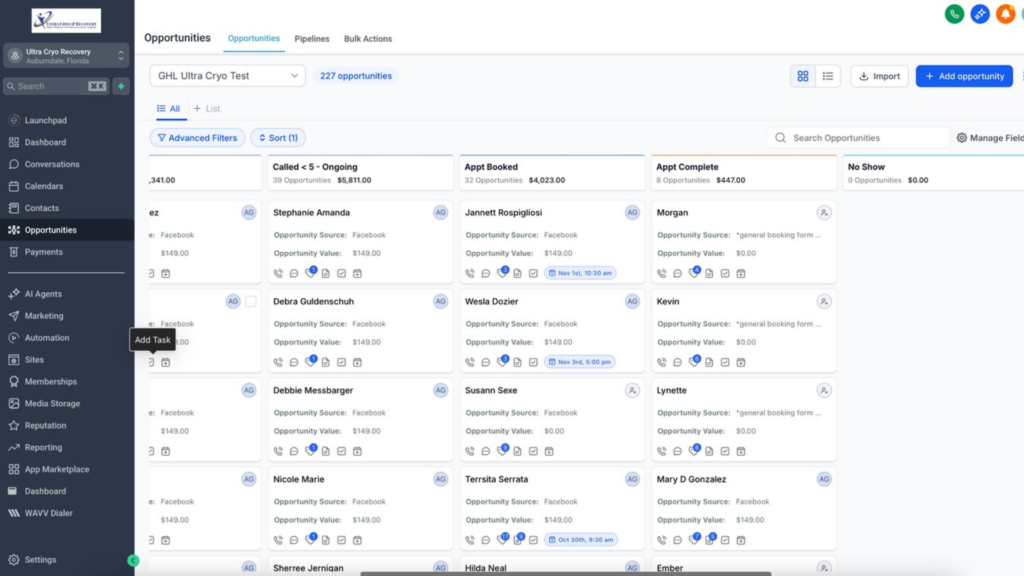 GoHighLevel CRM opportunities pipeline showing lead stages, deal tracking, and sales management dashboard.