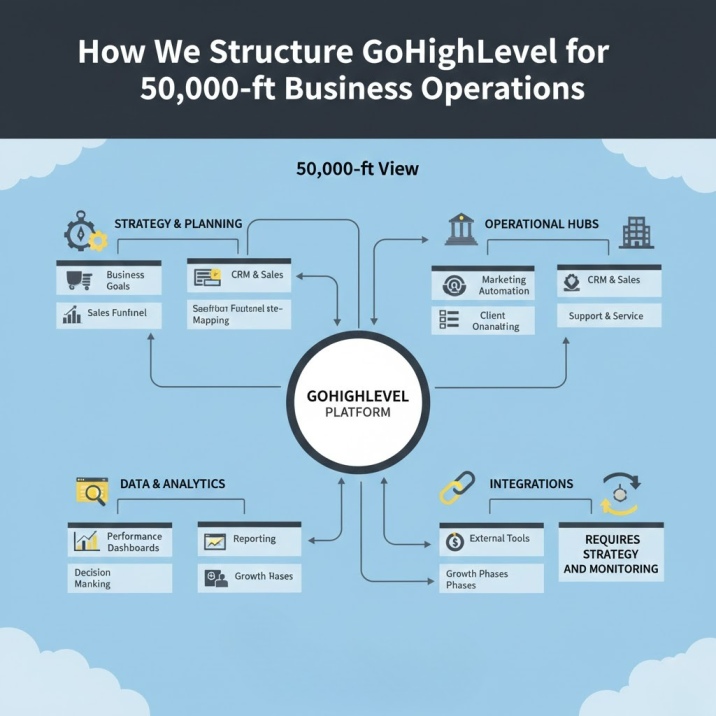 Senior business executive reviewing GoHighLevel CRM system architecture dashboard showing clean pipeline structure, automation workflows, and business operations overview for scaling companies