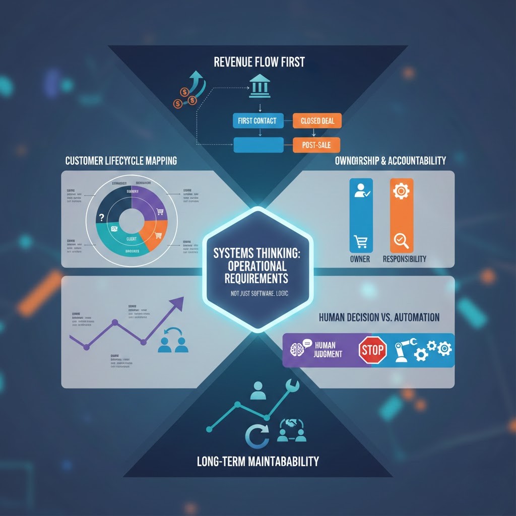 Diagram explaining GoHighLevel CRM architecture principles including revenue flow mapping, customer lifecycle stages, ownership accountability, human decision points, and long-term system maintainability.