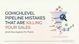 GoHighLevel sales pipeline mistakes causing leaks and missed opportunities with funnel illustration