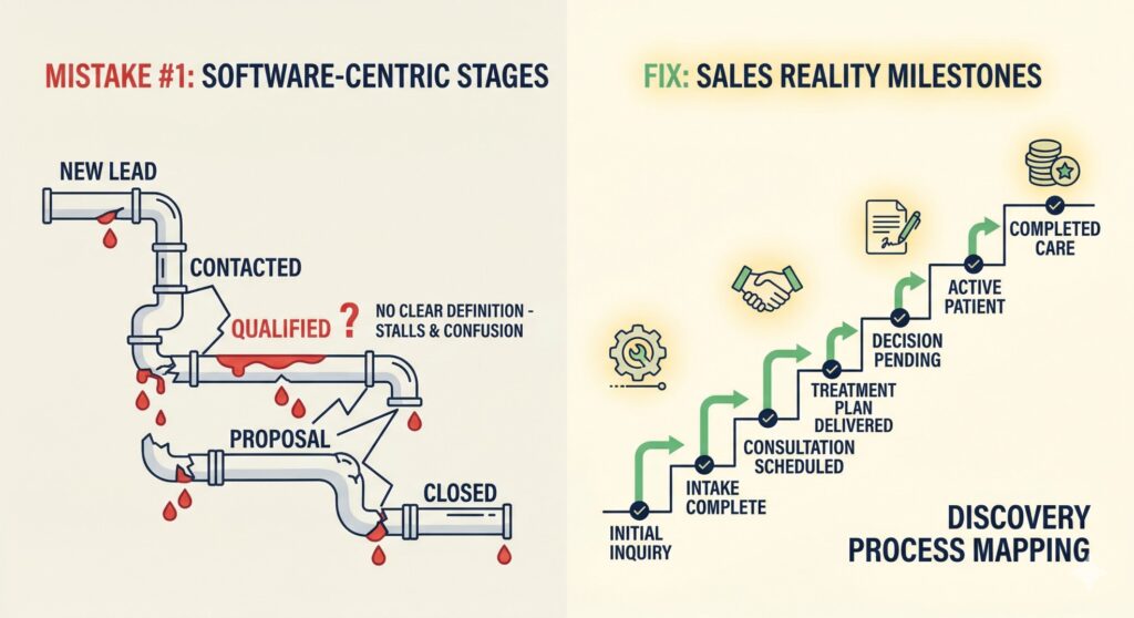 Comparison of broken software-centric sales pipeline and structured sales milestones discovery process mapping