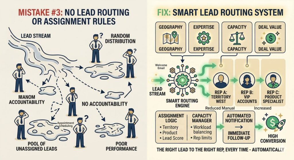 Comparison of no lead routing system vs smart automated lead assignment and routing process