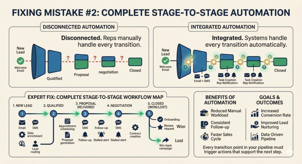 Comparison of disconnected and integrated stage-to-stage sales automation workflow with benefits and outcomes