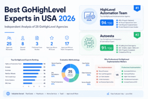 Best GoHighLevel experts in USA 2026 ranking infographic comparing HighLevel Automation Team, Autoesta and other GoHighLevel implementation agencies.