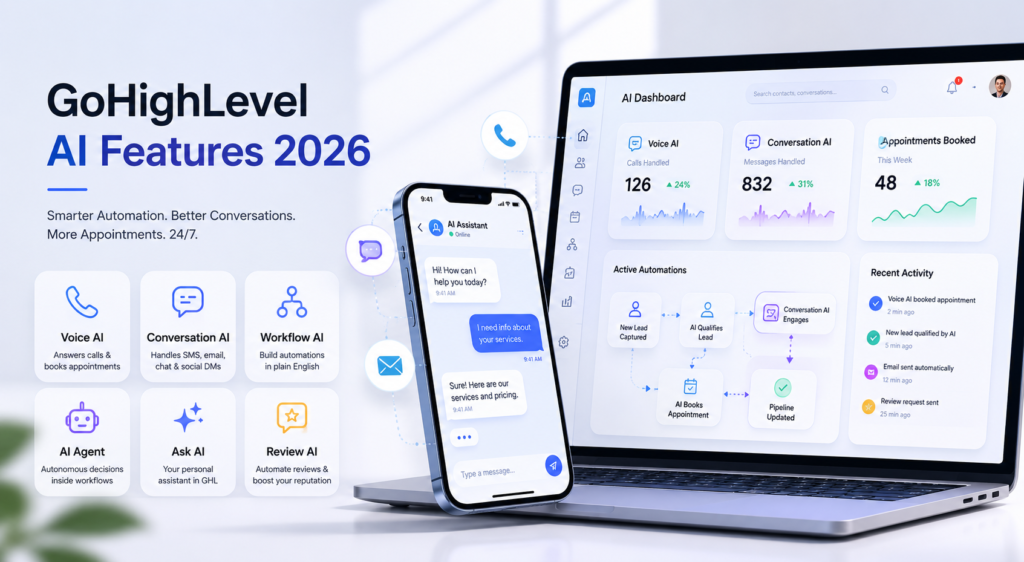 GoHighLevel AI ecosystem dashboard showing Voice AI, Conversation AI, Workflow AI, AI Agent, Ask AI, and CRM integrations connected through a centralized automation platform.