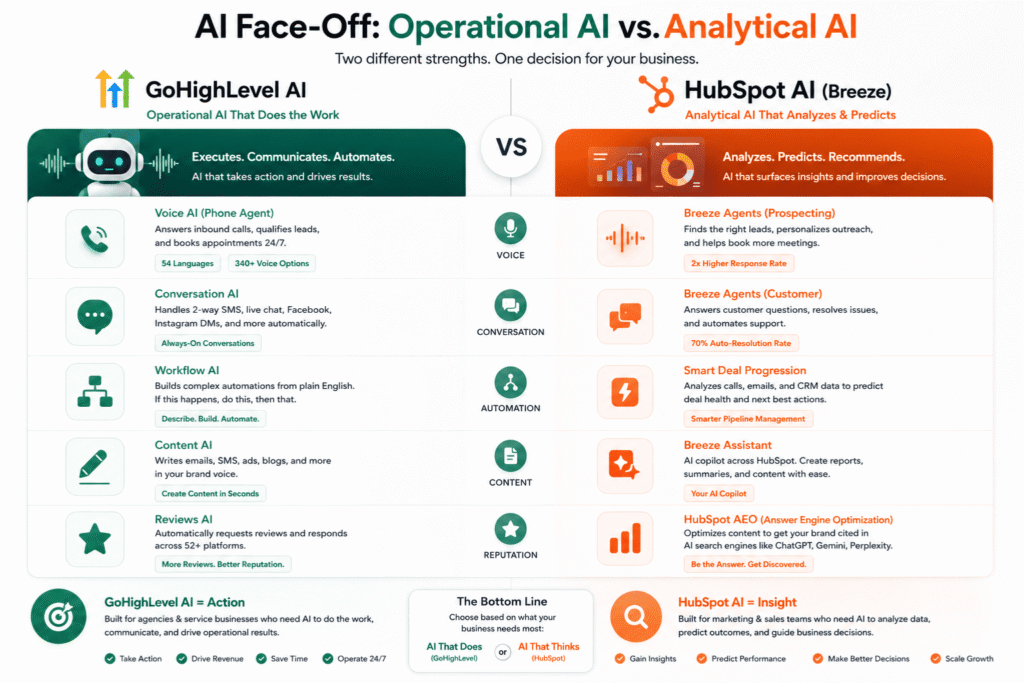 GoHighLevel AI versus HubSpot Breeze AI comparison showing operational AI and analytical AI capabilities