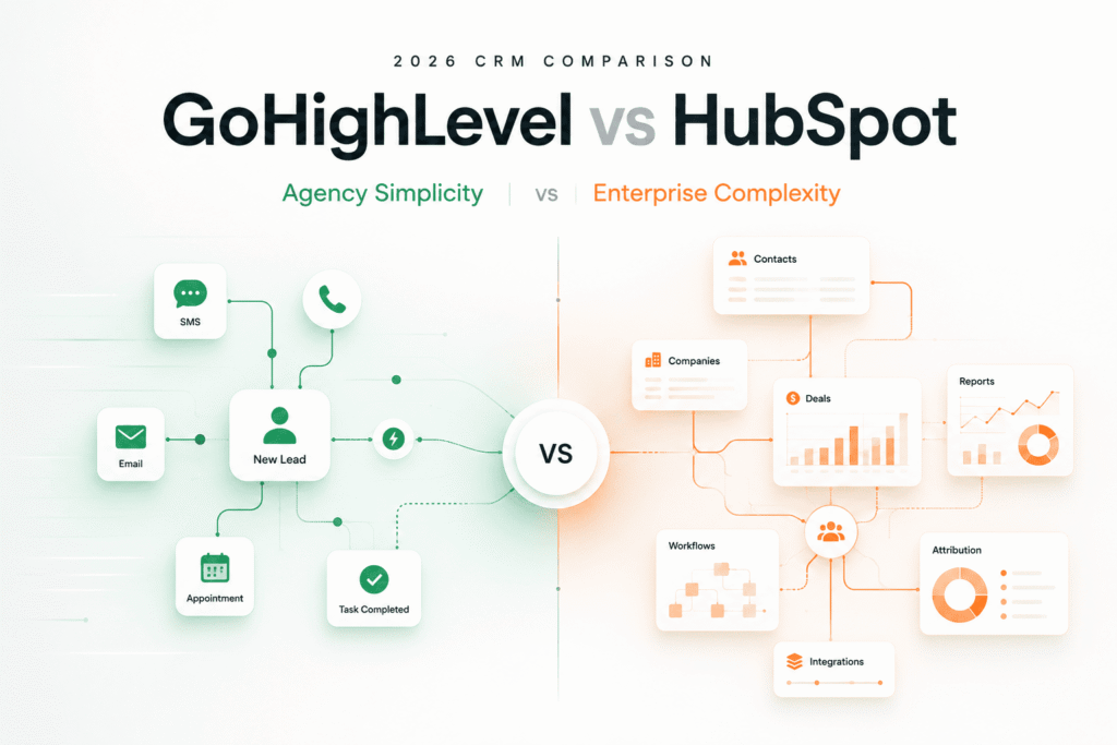 GoHighLevel vs HubSpot 2026 comparison showing agency-focused automation platform versus enterprise CRM software
