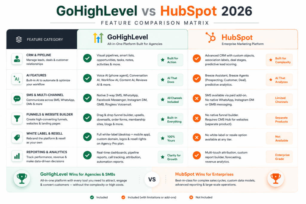GoHighLevel and HubSpot feature comparison matrix showing CRM AI automation SMS funnels reporting and white label capabilities