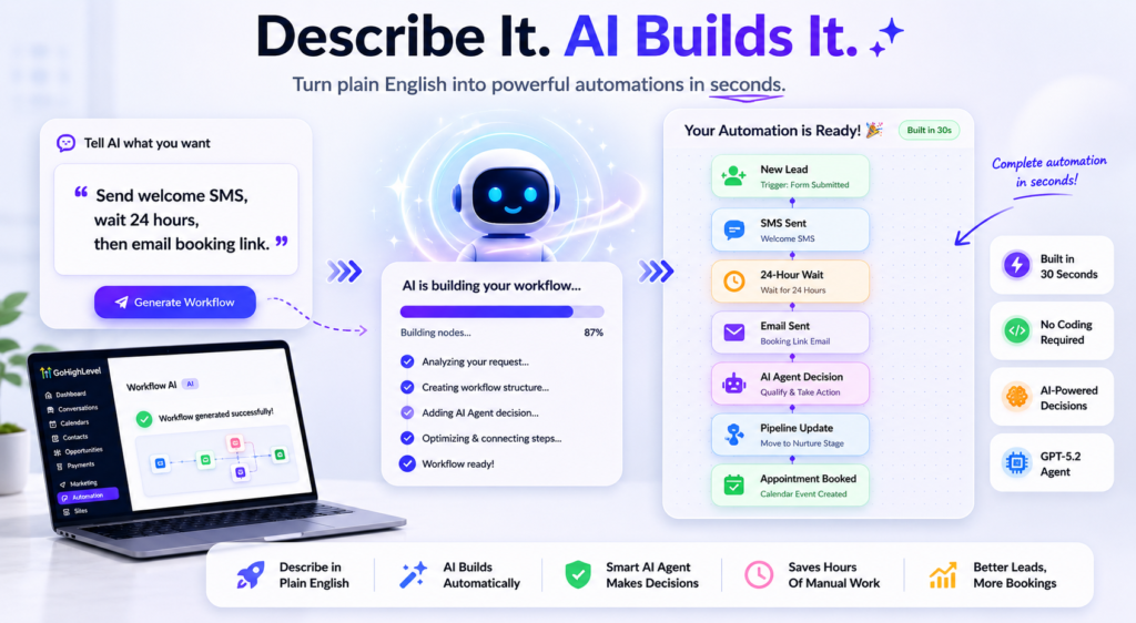 GoHighLevel Workflow AI Builder generating an automated workflow from a text prompt with AI Agent decisions, SMS actions, email sequences, and appointment booking steps.