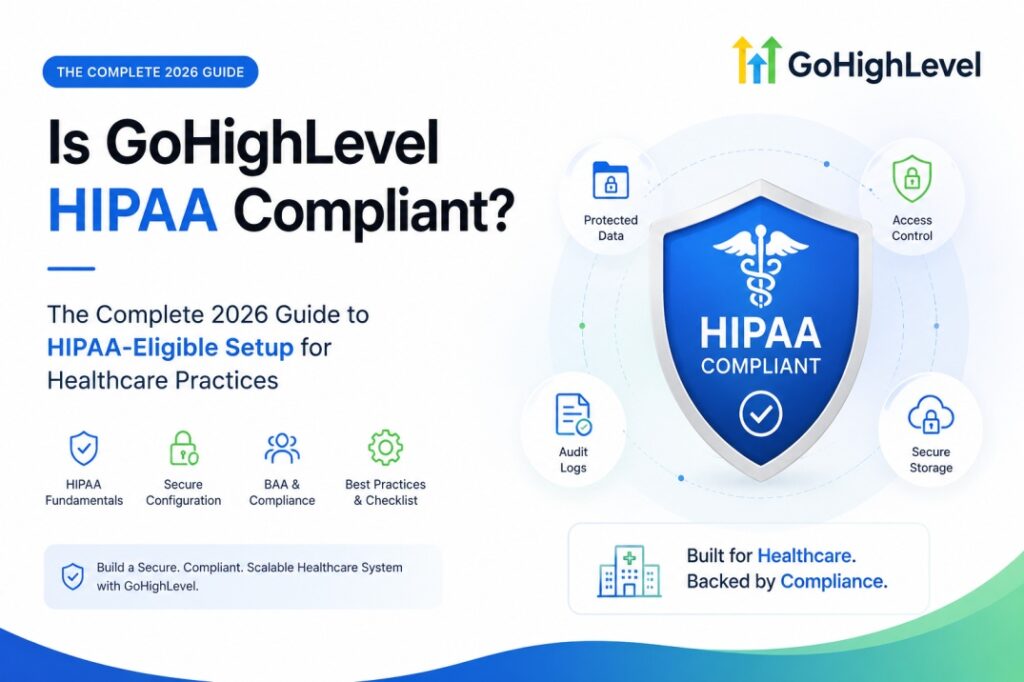 Minimal white hero banner illustrating GoHighLevel HIPAA compliance with a blue security shield, healthcare security icons, and the title "Is GoHighLevel HIPAA Compliant? The Complete 2026 Guide to HIPAA-Eligible Setup for Healthcare Practices."