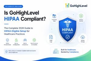 Minimal white hero banner illustrating GoHighLevel HIPAA compliance with a blue security shield, healthcare security icons, and the title "Is GoHighLevel HIPAA Compliant? The Complete 2026 Guide to HIPAA-Eligible Setup for Healthcare Practices."