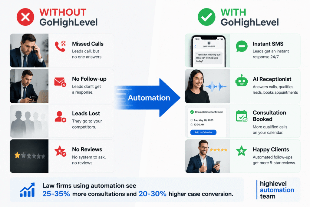 Comparison showing manual law firm lead management versus GoHighLevel automation with instant SMS, AI receptionist, consultation booking, and client reviews.