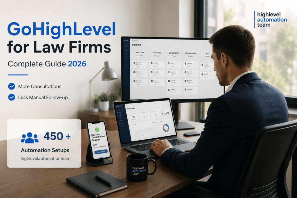 Attorney using the GoHighLevel CRM dashboard to automate lead follow-up, consultation booking, and client management for a law firm.