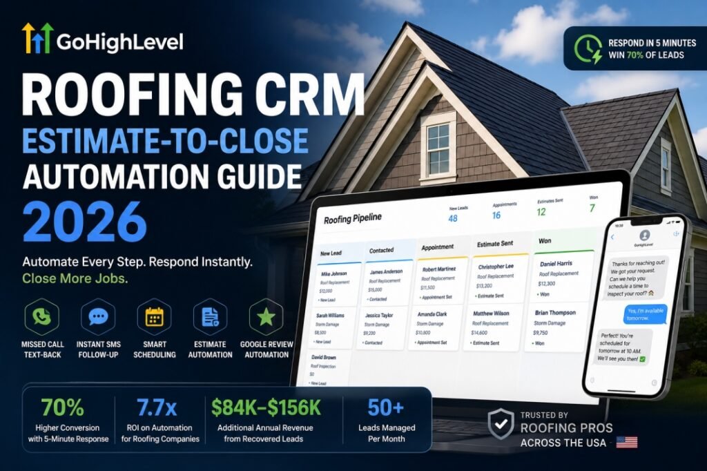 GoHighLevel Roofing CRM hero image featuring a roofing sales pipeline dashboard, estimate-to-close automation workflow, instant SMS follow-up, missed-call text-back, lead management, and a residential roof in the background for roofing contractors.
