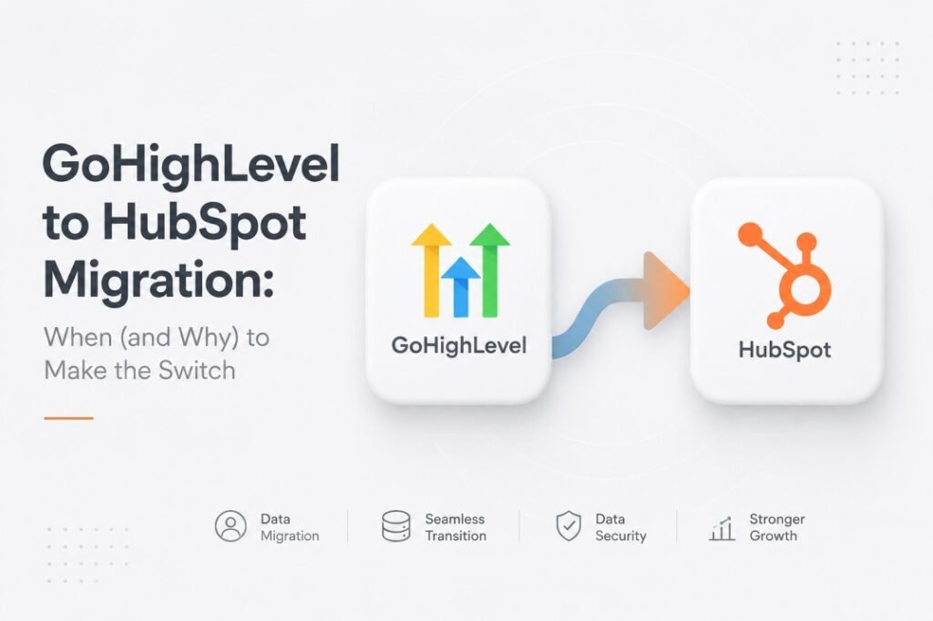 Minimalist illustration showing a migration from GoHighLevel to HubSpot with a clean interface, directional arrow, and modern Apple-style design representing secure CRM migration and business growth.