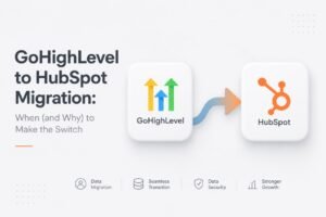Minimalist illustration showing a migration from GoHighLevel to HubSpot with a clean interface, directional arrow, and modern Apple-style design representing secure CRM migration and business growth.