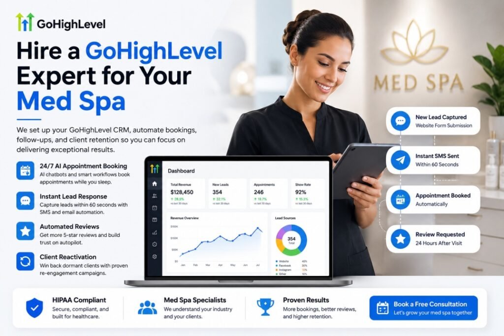 Hire a GoHighLevel expert for a med spa with CRM dashboard, AI automation, appointment booking, SMS follow-ups, and client retention workflow illustration.