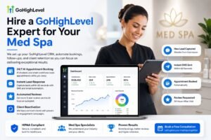 Hire a GoHighLevel expert for a med spa with CRM dashboard, AI automation, appointment booking, SMS follow-ups, and client retention workflow illustration.