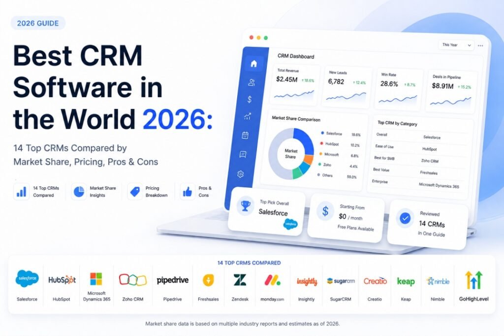 Minimal Apple-style hero image comparing the 14 best CRM software platforms in 2026, including GoHighLevel, Salesforce, HubSpot, Microsoft Dynamics 365, Zoho CRM, Pipedrive, Freshsales, monday.com, Zendesk, SugarCRM, Creatio, Keap, Nimble, and Oracle NetSuite with CRM dashboard, pricing, market share, and feature comparison.