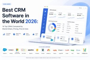 Minimal Apple-style hero image comparing the 14 best CRM software platforms in 2026, including GoHighLevel, Salesforce, HubSpot, Microsoft Dynamics 365, Zoho CRM, Pipedrive, Freshsales, monday.com, Zendesk, SugarCRM, Creatio, Keap, Nimble, and Oracle NetSuite with CRM dashboard, pricing, market share, and feature comparison.