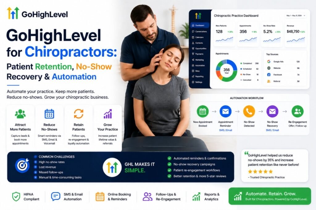 GoHighLevel CRM and automation system for chiropractors showing patient retention, appointment reminders, no-show recovery, re-engagement, and practice growth