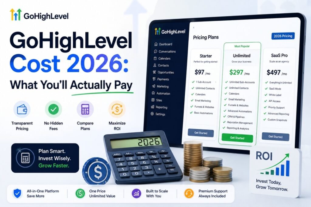GoHighLevel pricing comparison for 2026 showing subscription plans, costs, features, and ROI considerations