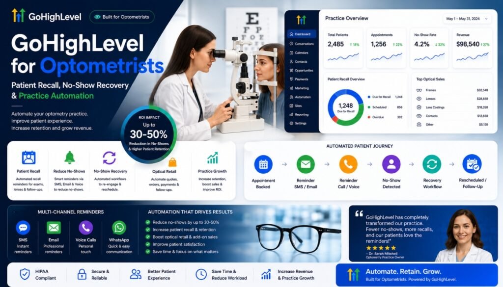 GoHighLevel CRM for optometrists showing patient recall, appointment reminders, no-show recovery, automated follow-ups, and practice growth