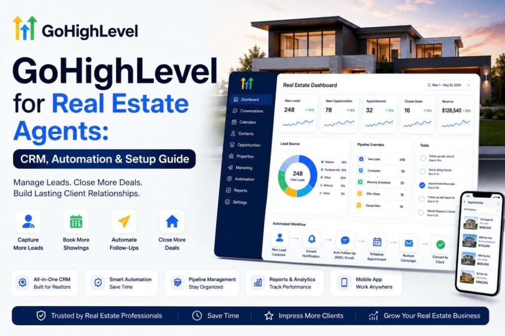 GoHighLevel CRM for real estate agents showing lead management, property opportunities, appointment scheduling, automated follow-ups, and sales pipeline automation