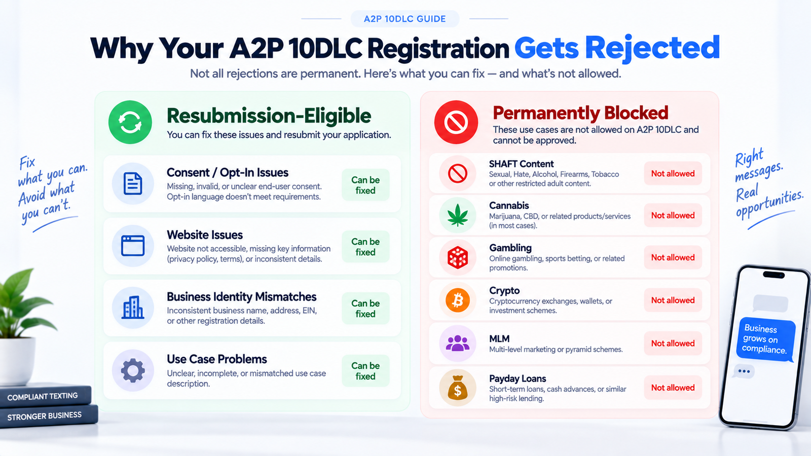 Diagram comparing resubmission-eligible vs permanently blocked A2P 10DLC rejection reasons