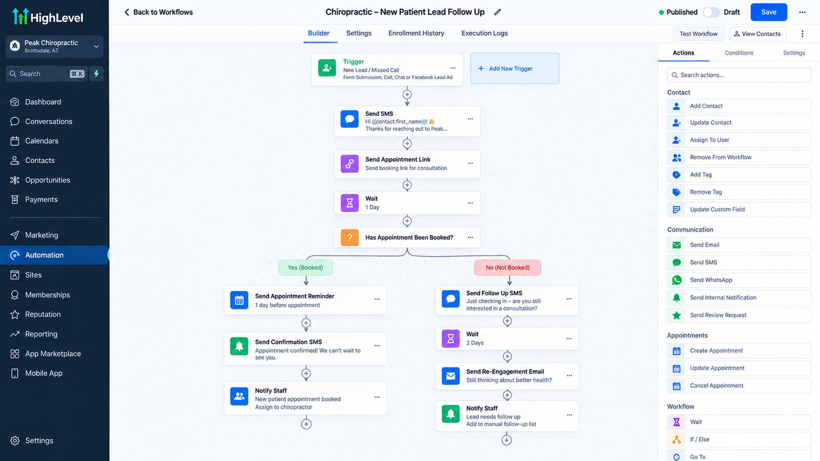 GoHighLevel automation workflow builder showing an appointment reminder and no-show recovery sequence for a chiropractic practice