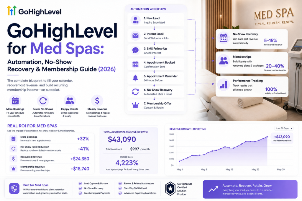 GoHighLevel for med spas showing automated lead follow-up, appointment reminders, no-show recovery, membership management, and revenue growth