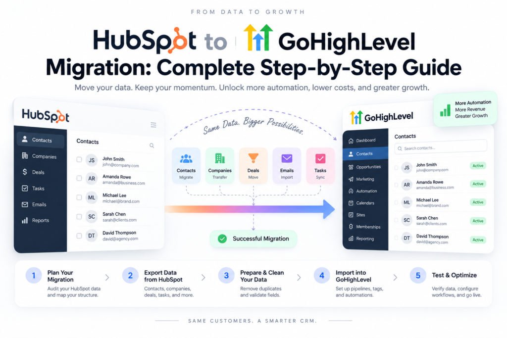 HubSpot to GoHighLevel migration workflow showing CRM data transfer, contact and deal migration, data cleanup, import, testing, and automation setup